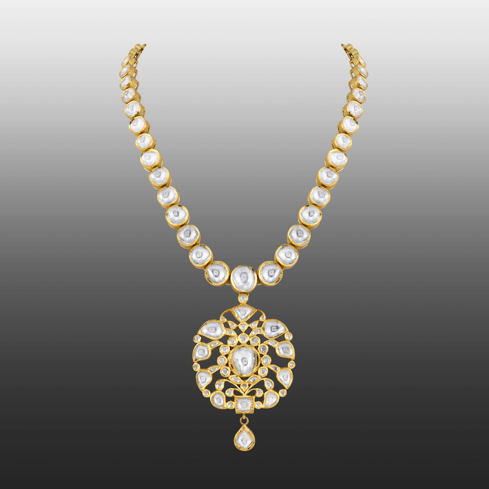 Polki Necklace with Intricate Floral Pendant